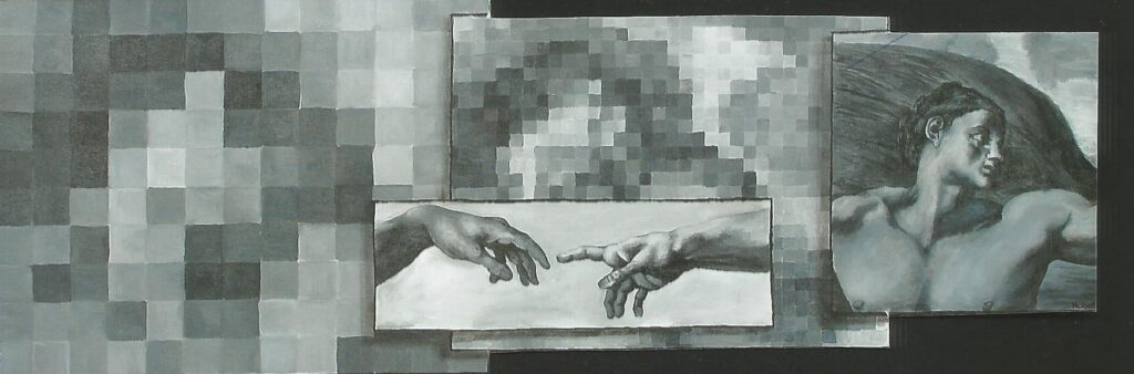 A long narrow, black and white painting broken into three segments. The furthest right image is that of Adam from Michelangelo's painting Creation of Adam. The center and furthest left images are pixelated versions of Adam, which shows a progression from a highly pixelated, unrecognizable image on the left to the complete image on the right, indicated that, like Adam here, we are all a work in progress.
