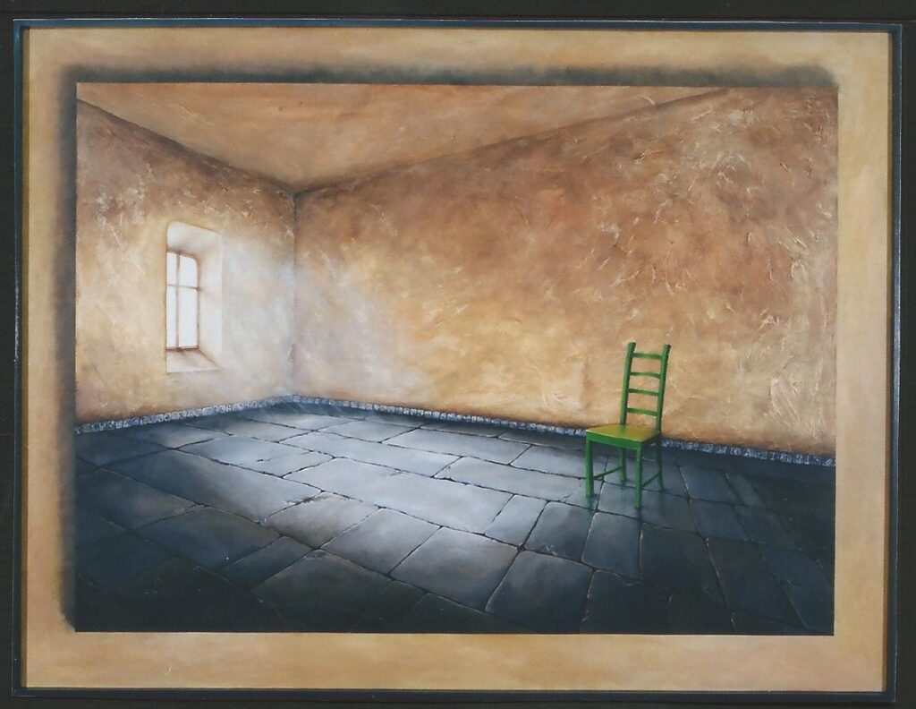 A paining of a large empty room, except for one straightback chair, which sits on the slate floor. Sunlight pours into the room from the single window. The chair sits at the edge of the sun spot on the floor.