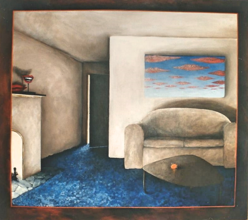 A painting of a living room with a painting of closed lips above the sofa. There is a fireplace to the side, with a sculture of lips on the mantlepiece. Tucked at the end of a hall next to the sofa, is a door slightly ajar. A light shines out from behind the door.