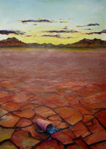 A painting of a dry desert with a cracked sand surface. The sun sets in the distance behind a thin band of far away mountains. In the foreground lies a tipped over mug. Beside the mug, refreshing drops of water fall to begin to replenish the earth and fill the cup.