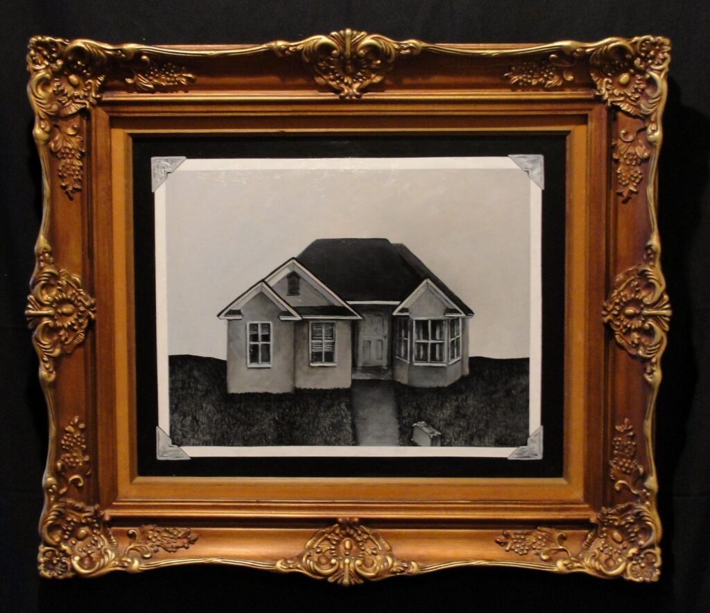 A black and white painting of a small house. A suitcase sits at the sidewalk in front of the house. The window shades are drawn. The somber image is surrounded with a bright filigree gilt frame.