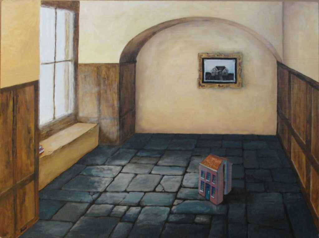 A painting of a room with a flagstone floor, an inset window on the side wall. The back wall has an inset arch in which hangs a black and white painting of a small house. The sun shines into the room and casts a bright spot on the floor. On the floor, just at the edge of the bright sun spot sits a child's doll house.