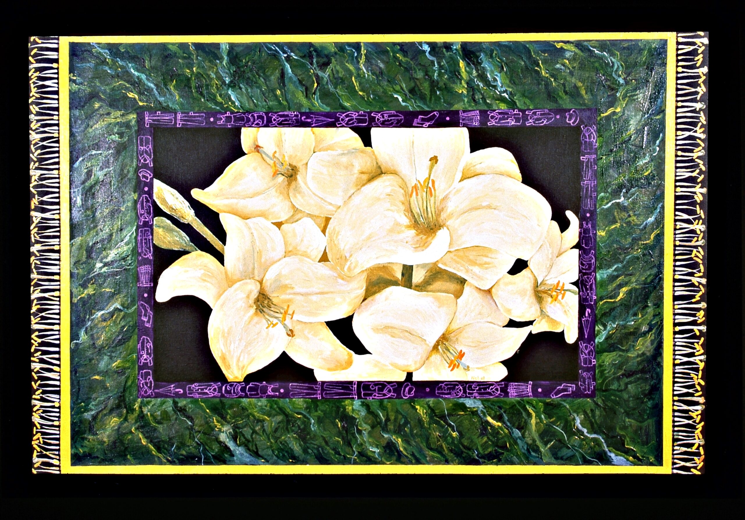 A painting featuring a bundle of white lilies, surrounded by a border of green leaves. A painted fringe of lily pistol and stamin along the sides give the impression of a Persian carpet.