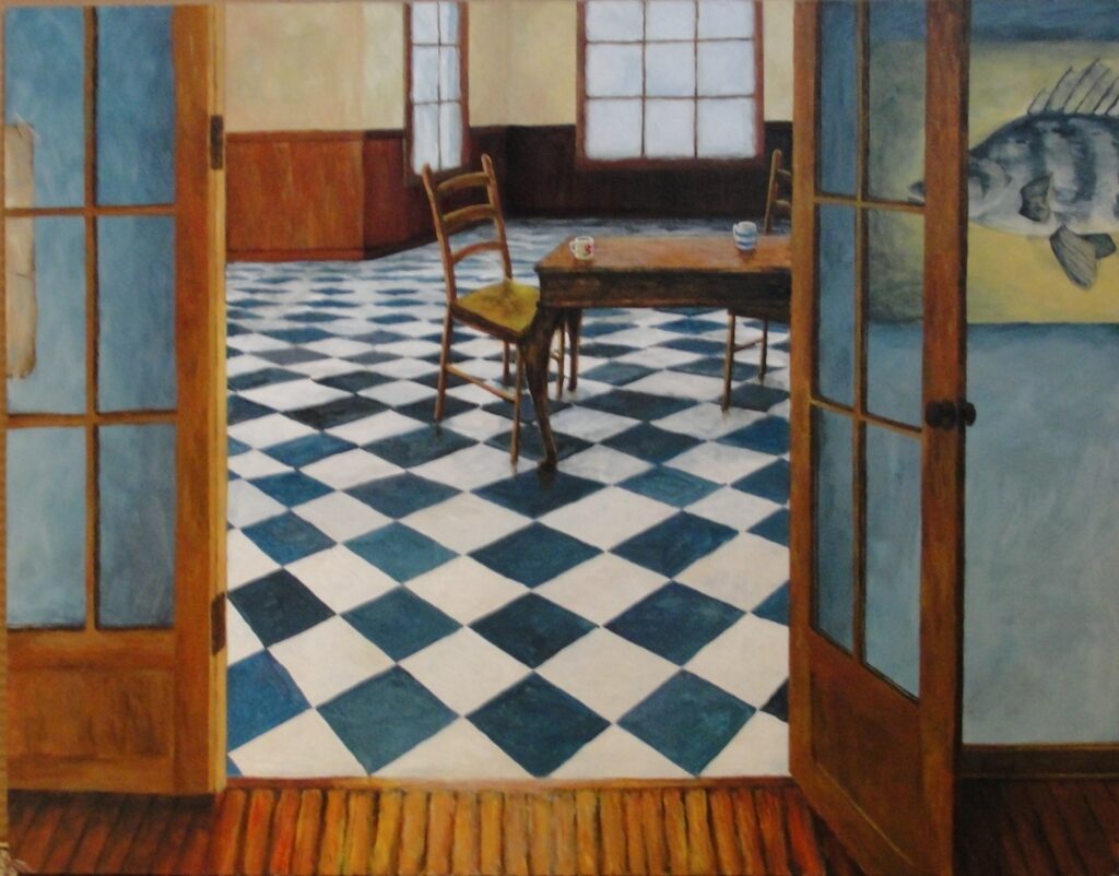 A painting of a room viewed through open French doors. The floor is a checkered pattern of blue and white tiles. The tiles seem skewed. A kitchen table and chairs are in the room. Two coffee cups sit ready for guests.