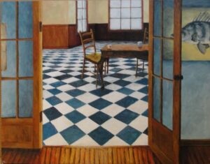A painting of a room viewed through open French doors. The floor is a checkered pattern of blue and white tiles. The tiles seem skewed. A kitchen table and chairs are in the room. Two coffee cups sit ready for guests.