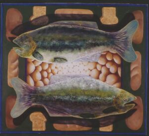 A painting of two fish a center of little buns receding into the distance. The fish are surrounded by loaves of bread.