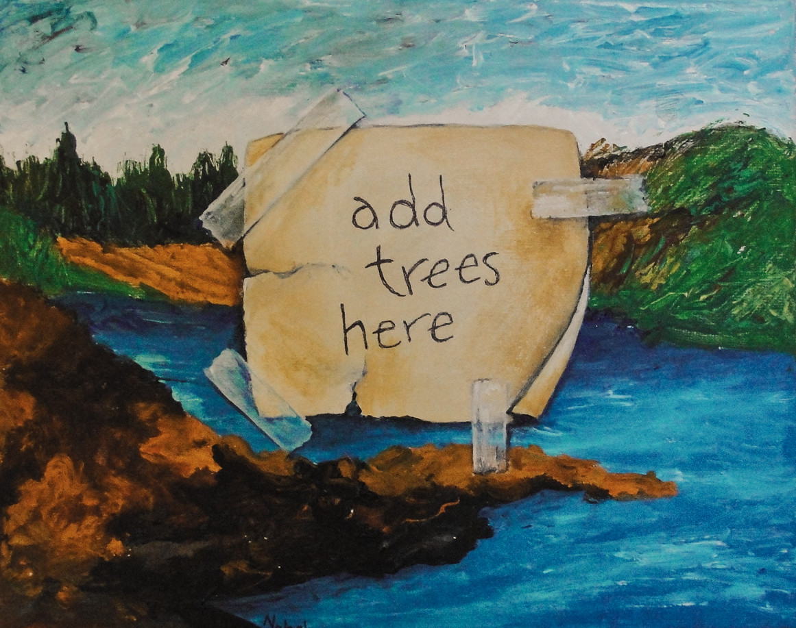 A painting of hills near a lake and a note is painted to appear as paper taped to the canvas that reads, "Add trees here."