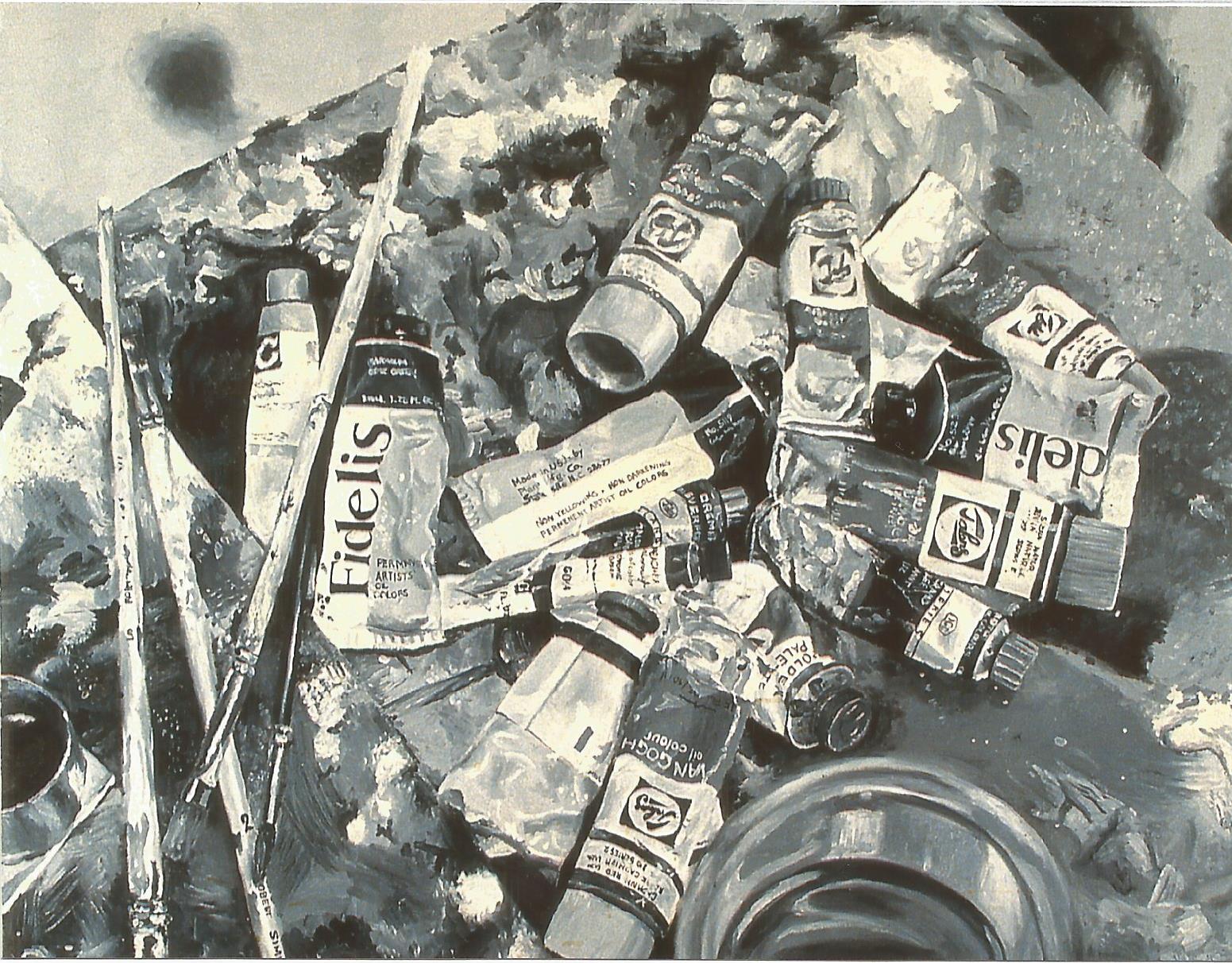 A black and white painting of paint tubes and paint brushes spread and scattered across a palette.