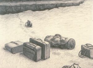 A drawing of a pile of luggage on the ground. A set of footsteps leads away from the left-behind baggage.