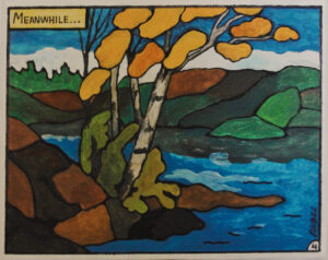 A painting of a tree near a lake painted to look as though it was a scene in a comic book.