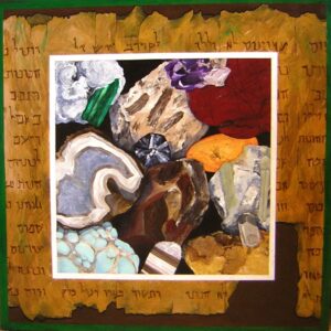A painting of a section of the Dead Sea Scrolls with a painted photograph sitting on it of twelve gem stones.