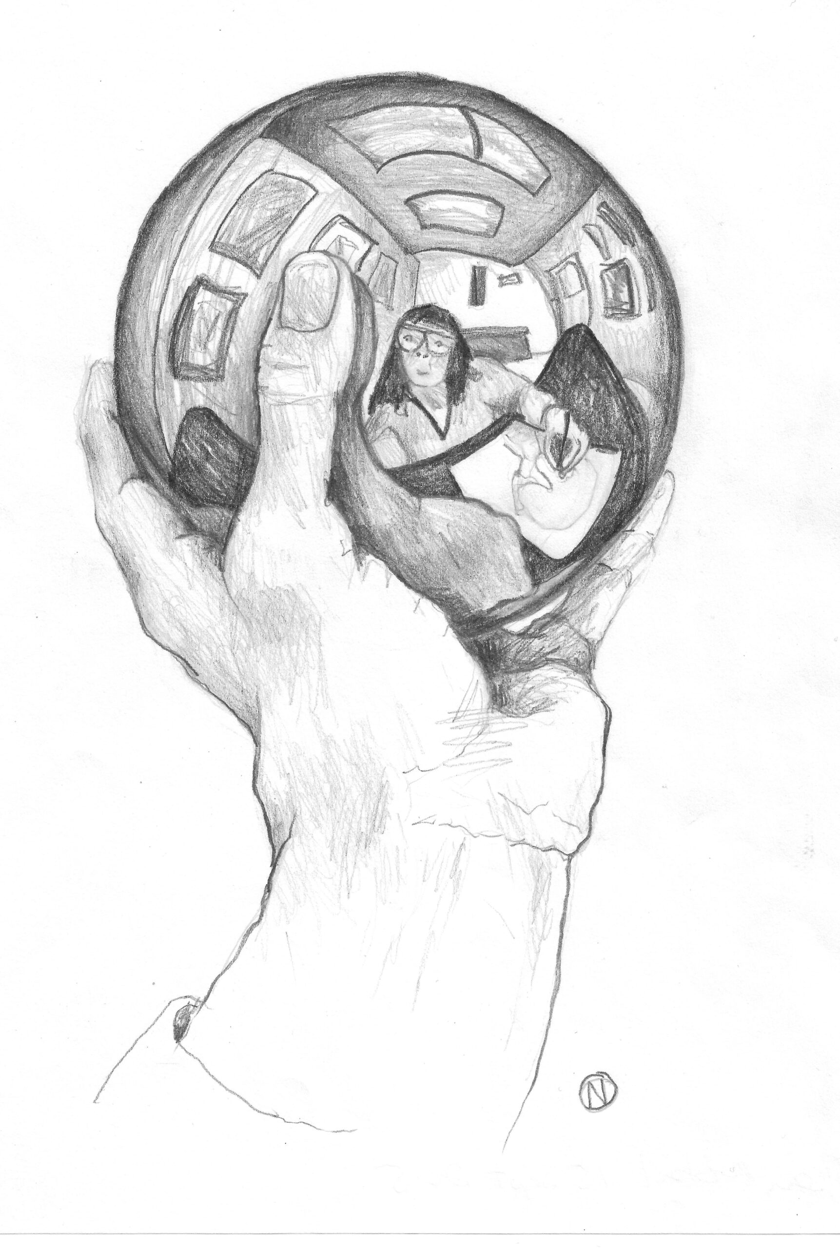 A drawing of a hand holding a glass ball with the artist's reflection on the glass.
