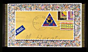 A large painting of an addressed, stamped envelope with a border of stamps collaged around it. Yellow pencils are cut in half and inserted into the sides of the painting, like a pencil fringe.
