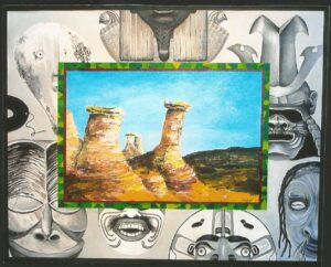 A painting the the badlands hoo-doos surrounded with a black and white border of various historic masks.