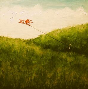 A painting of a grassy field with white clouds at the horizon. Tethered to a small post is a red straight-back chair floating high in the sky.