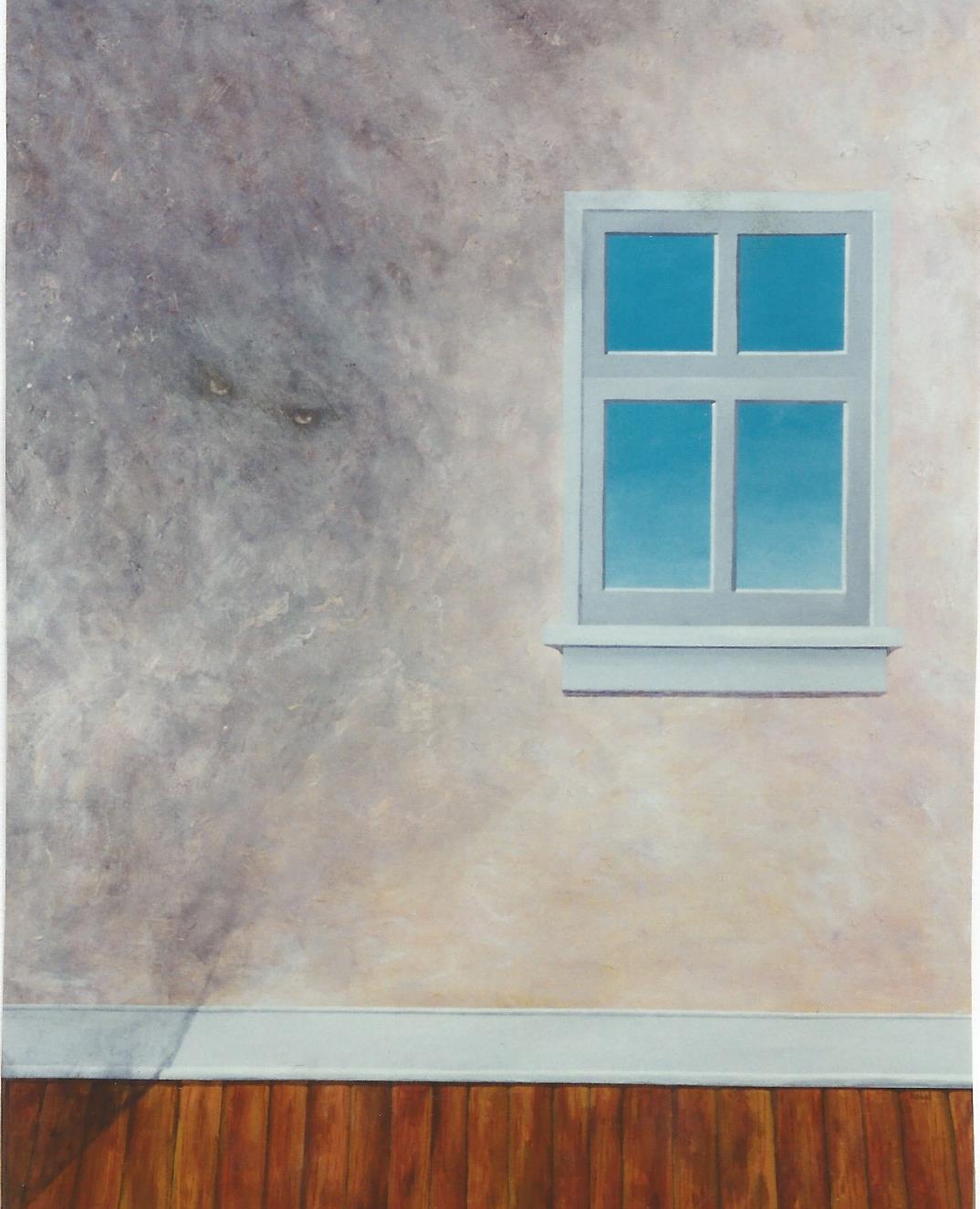 A painting of a pinkish beige wall with a white frame window. Outside is bright blue sky. There is a strip of hardwood floor along the bottom edge of the painting. A ghostly cloud with eyes subtly penciled in creeps in on the left side.