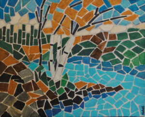 A painting of trees near a lake, painted to appear to be created of mosaic tiles