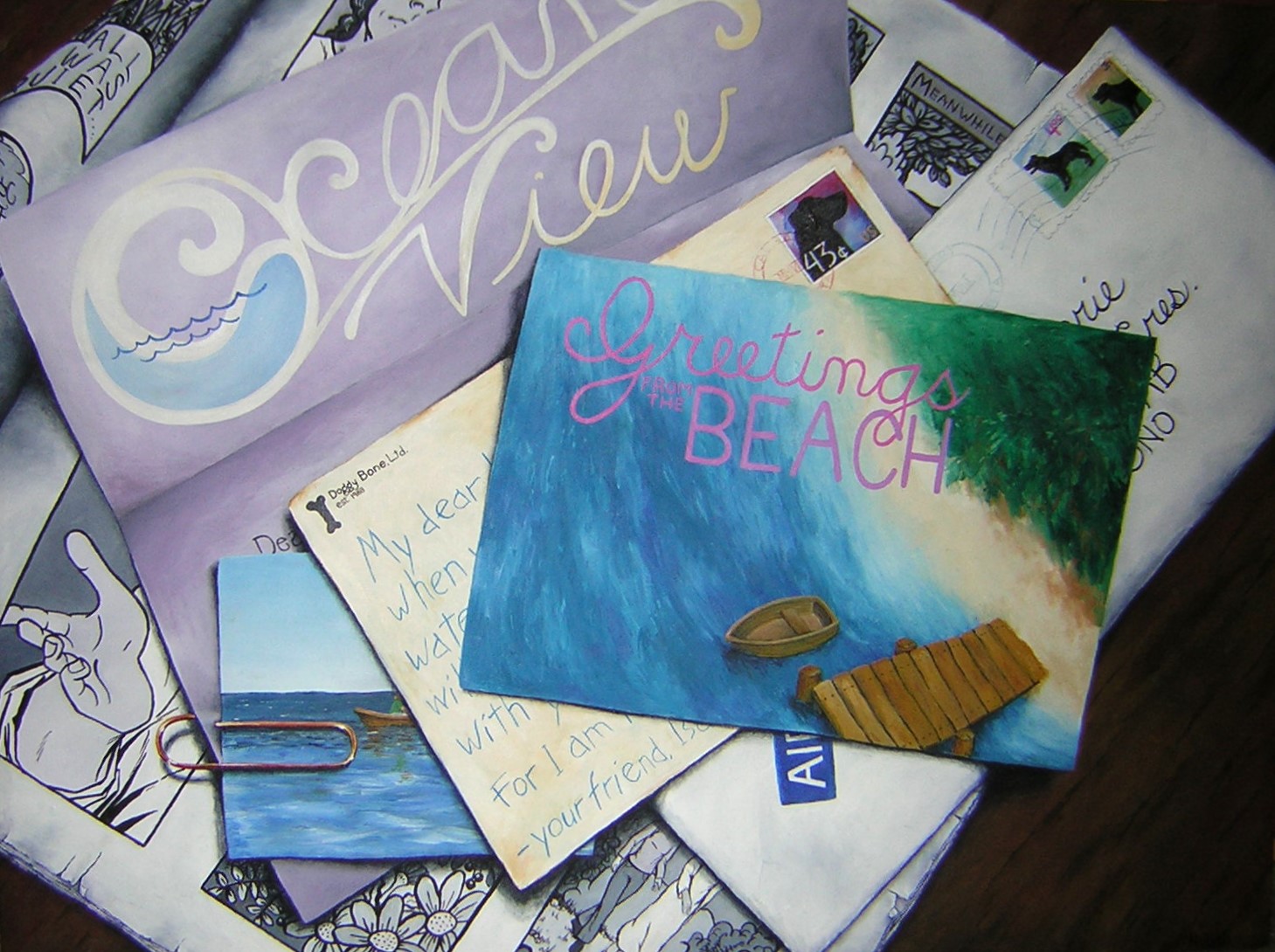 A painting showing assorted post cards and letters and photographs strewn on a desk top.