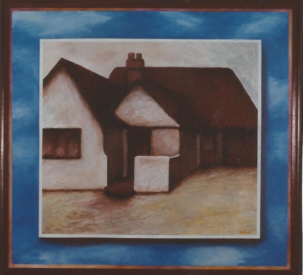 A painting of and empty ranch style house on bare land. The picture of the house, ready for new occupancy, is surrounded by a border of scattered white clouds on bright blue sky.