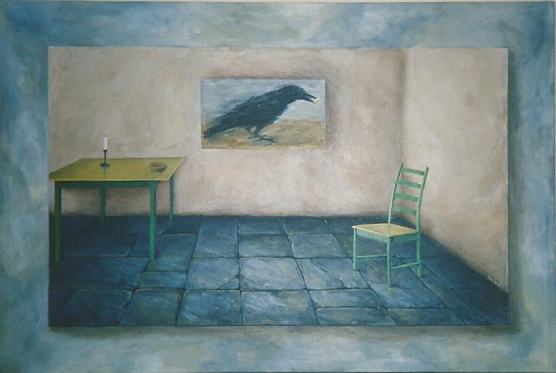 A painting of a stark room with plastered walls and slate floor tiles. A straighback chair is a distance from a wood table, on which site a plate and an extinguished candle. On the back wall hangs a painting of a raven with a bit of food in its beak.
