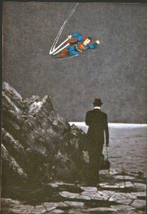 A painting of a man standing on a rocky coast, wearing a black suit with a black boler hat and cane. He faces into the painting toward a sea. The painting is painted in black and White, but a full color comic book version of Superman swoops across the sky above the man.