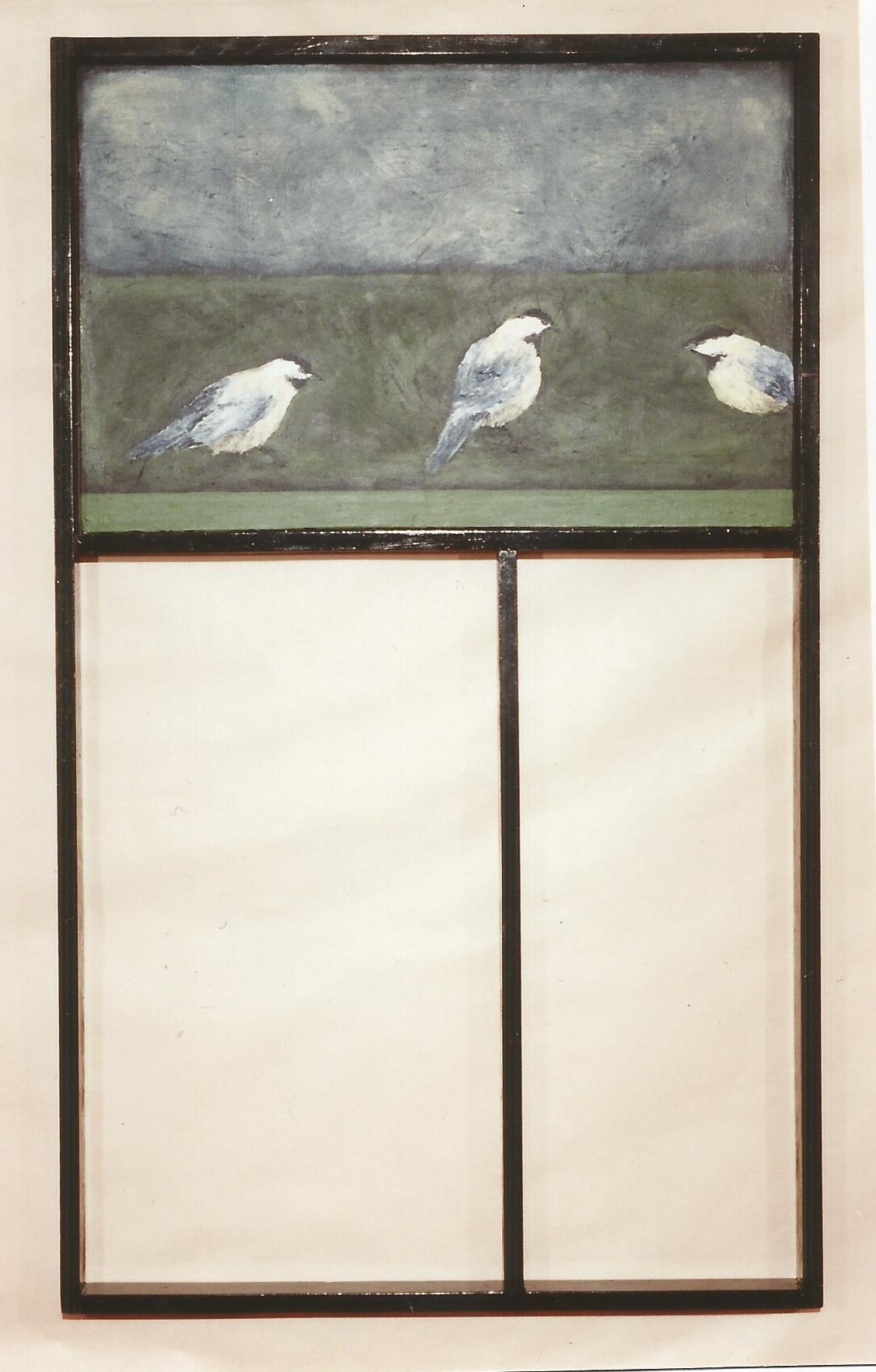 A painting of three chick-a-dees on the grass with a stormy sky in the background. The painting of the birds is set in a frame that has two empty framed areas below.