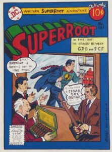Within the format of a comic book cover, Superman runs to create a cigar box guitar.
