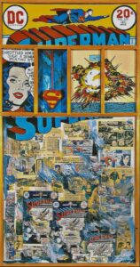 Several compartments hold images of Superman and Lois and a large compartment includes collage of comic book portions.